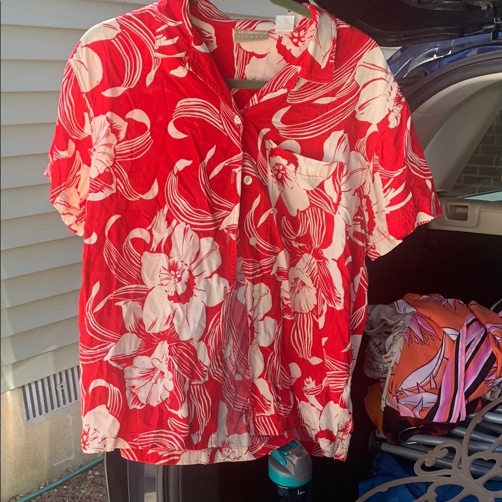 Liz Claiborne Red and White Floral Hawaiian Shirt